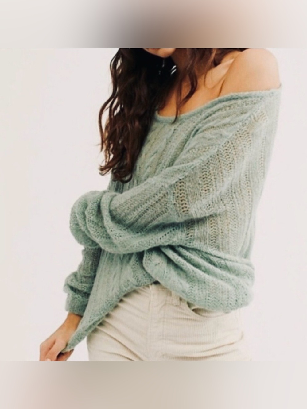 Free People Angel Mint Green Off-Shoulder Lightweight Knit Sweater Size P/S